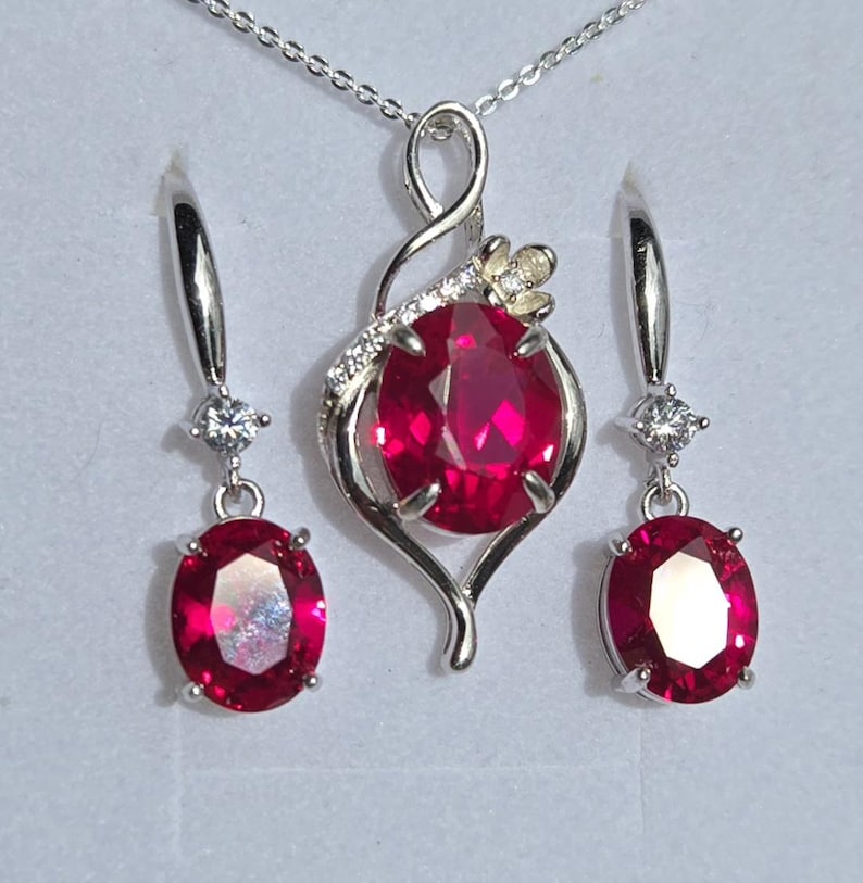 Deep Red Ruby Necklace/Earring Set, See Video! 10x12mm/8x10mm Lab Grown Gems, 925 Sterling Settings, 18" Chain, Choice Of Ear Wire Styles image 10
