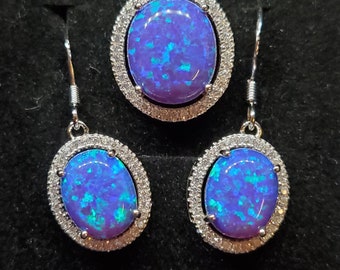 Deep Lavender Purple Opal Necklace/Earring Set, See Blue Flash On Video! 10x12mm&8x10mm Lab Opals, 925 Sterling w/Crystal Halo, 18" Chain