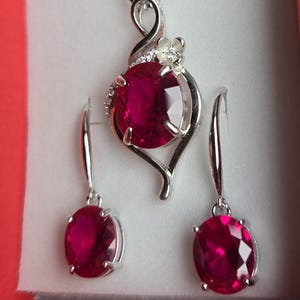 Deep Red Ruby Necklace/Earring Set, See Video! 10x12mm/8x10mm Lab Grown Gems, 925 Sterling Settings, 18" Chain, Choice Of Ear Wire Styles image 4
