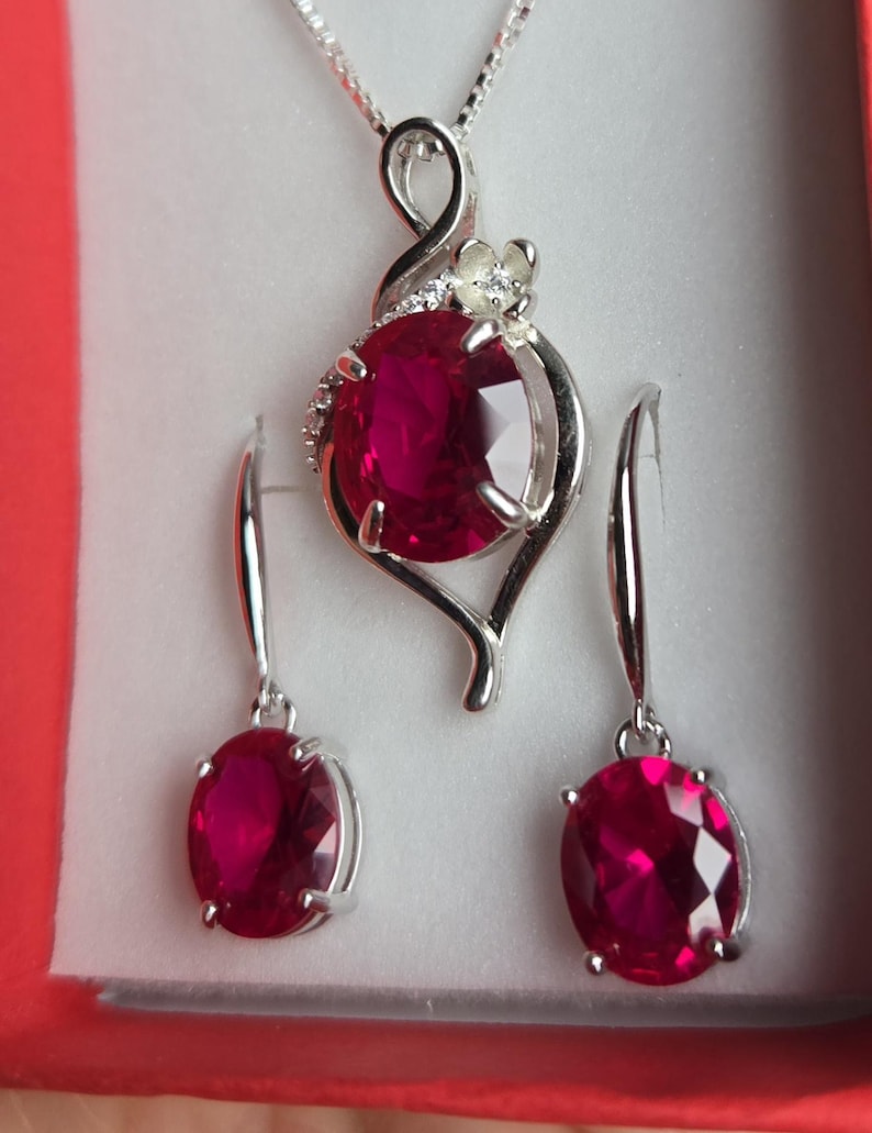 Deep Red Ruby Necklace/Earring Set, See Video! 10x12mm/8x10mm Lab Grown Gems, 925 Sterling Settings, 18" Chain, Choice Of Ear Wire Styles image 4