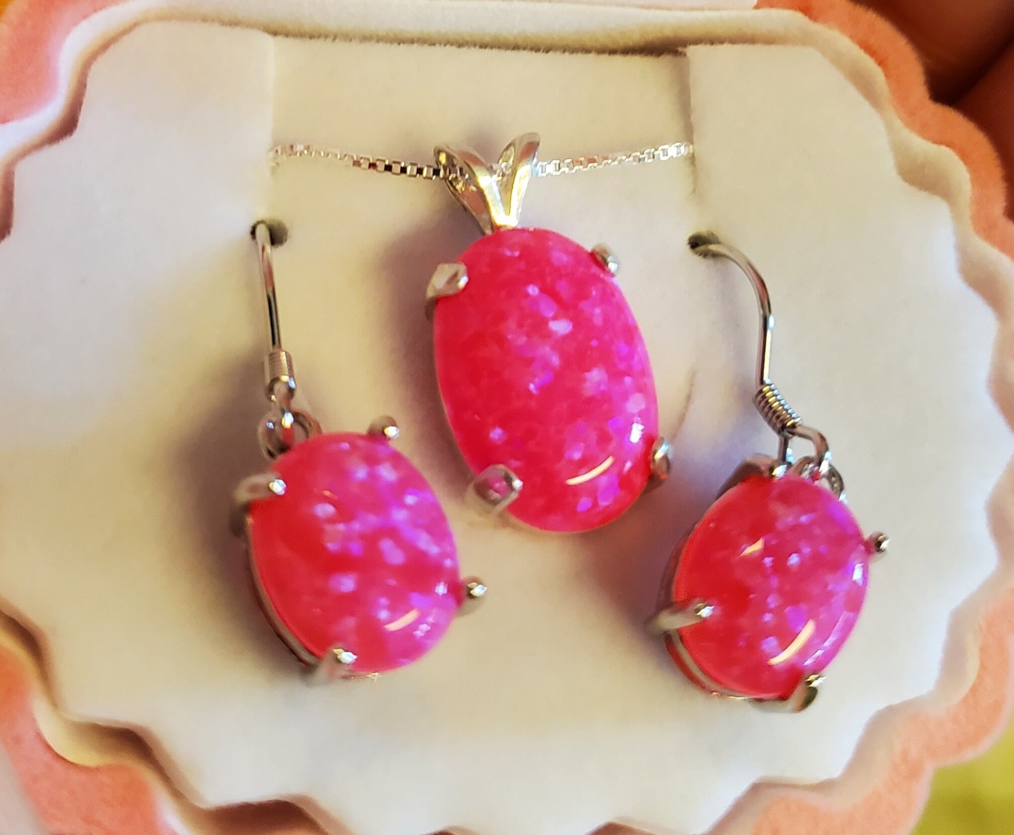 Hot Pink Opal Necklace/earring Set, See Video! 10x14mm
