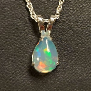 Natural Fire Opal Pear Necklace, See Video! 7x10mm Ethiopian Opal Pear, Dainty 925 Sterling Silver Pendant, 18" Sterling Chain