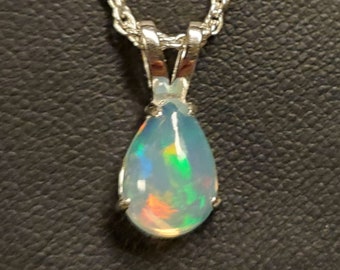 Natural Fire Opal Pear Necklace, See Video! 7x10mm Ethiopian Opal Pear, Dainty 925 Sterling Silver Pendant, 18" Sterling Chain