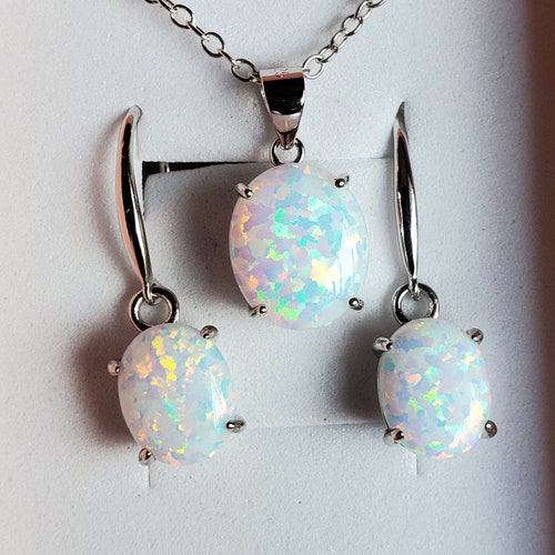 Cloudrivercreations White Fire Opal Necklace/Earring Set, See Rainbow Fire on Video! 10x12mm/8x10mm Lab Created Opals, 925 Sterling Pendant w/18\