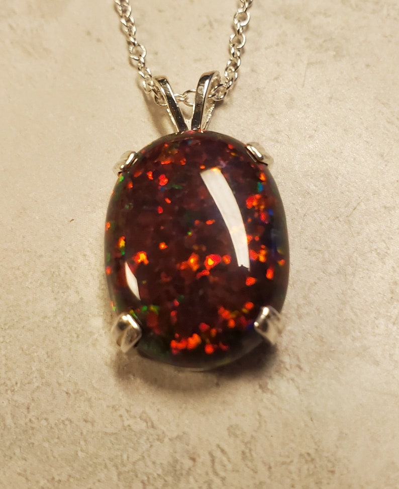 Large Black Cherry Opal Necklace, Must See Cherry Fire On Video 15x20mm Lab Created Opal, Unisex 925 Sterling Pendant, 18 Sterling Chain image 5