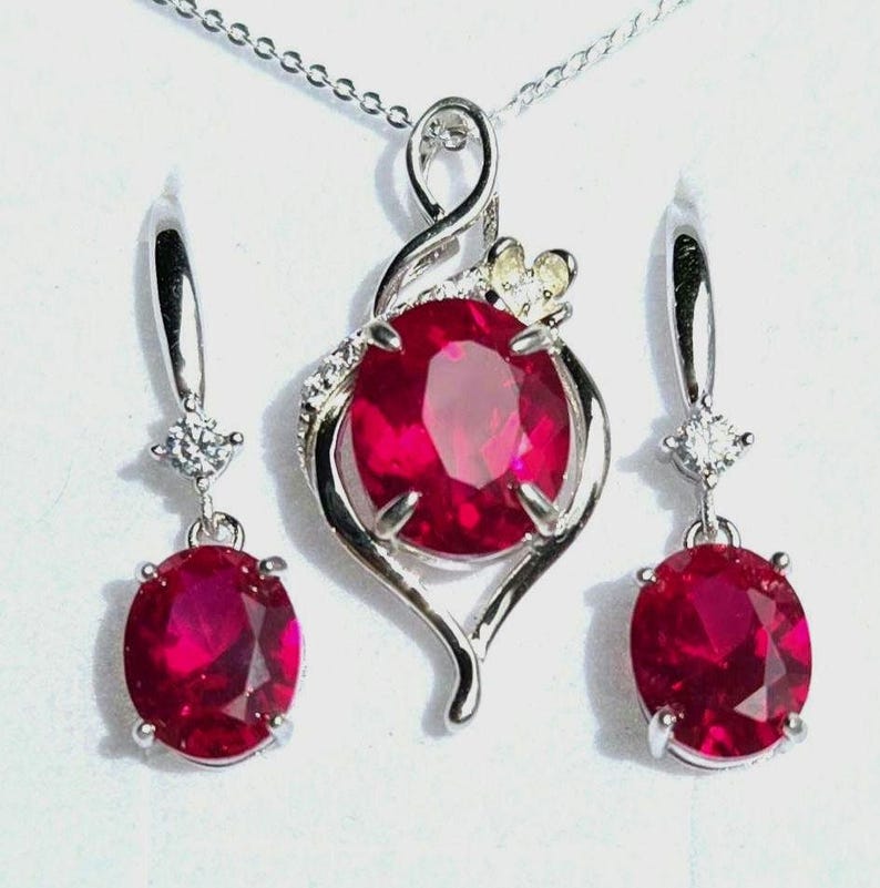 Deep Red Ruby Necklace/Earring Set, See Video! 10x12mm/8x10mm Lab Grown Gems, 925 Sterling Settings, 18" Chain, Choice Of Ear Wire Styles image 2