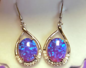 Deep Lavender Purple Opal Earrings, See Video! 8x10mm Lab Created Opals, 925 Sterling Silver CZ Accent Dangle Earrings, Ear Wire Style