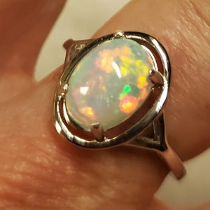 Natural Fire Opal Ring, Must See Magical Fire On Video! 9x12.5mm 2.2 Ct Ethiopian Opal, 925 Sterling Silver Double Oval Ring, Size 8