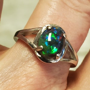 Real Black Opal Ring, See Colorful Fire On Video! 9x7mm Ethiopian Opal, 925 Sterling Silver Split Shank Ring