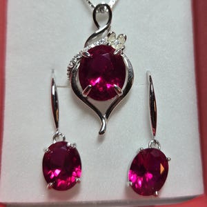 Deep Red Ruby Necklace/Earring Set, See Video! 10x12mm/8x10mm Lab Grown Gems, 925 Sterling Settings, 18" Chain, Choice Of Ear Wire Styles image 7