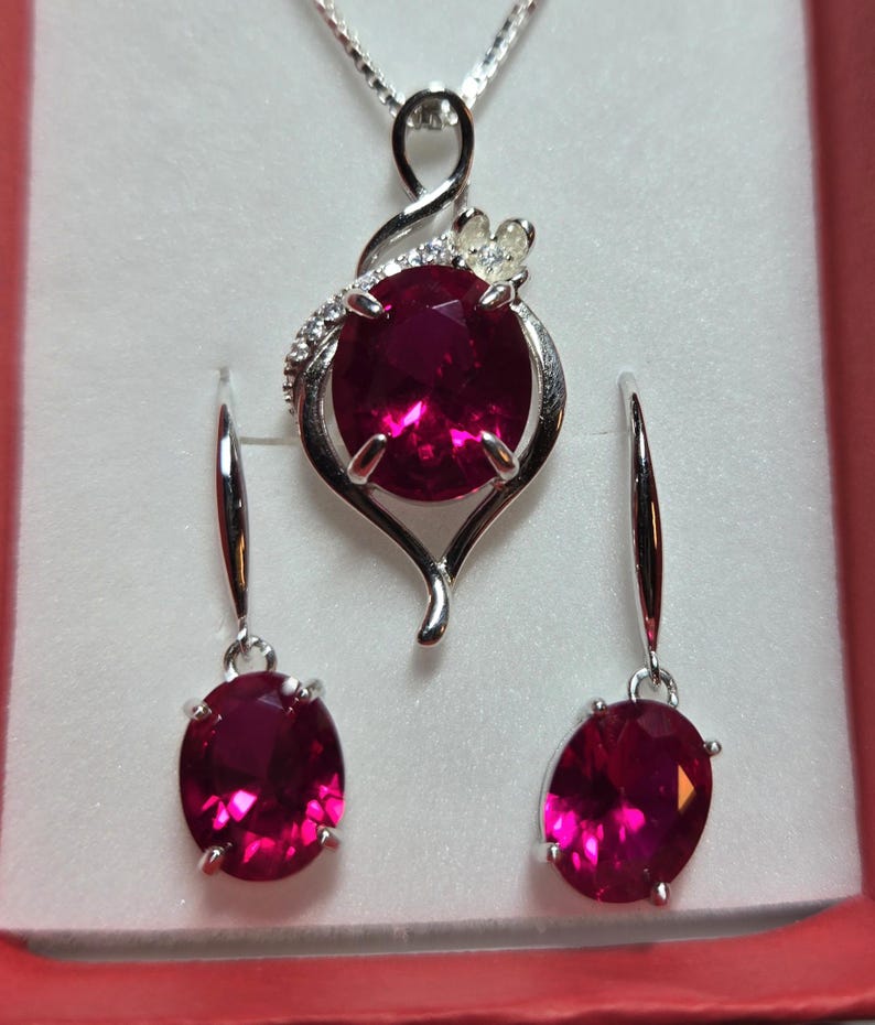 Deep Red Ruby Necklace/Earring Set, See Video! 10x12mm/8x10mm Lab Grown Gems, 925 Sterling Settings, 18" Chain, Choice Of Ear Wire Styles image 7
