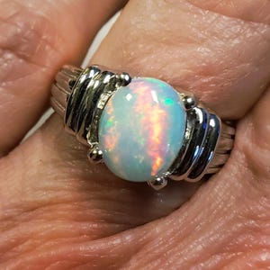 Natural White Opal Ring, See Video! 8x10mm Ethiopian Opal, Sturdy 925 Sterling Art Deco Style Ring, Rhodium Plated. Size 6