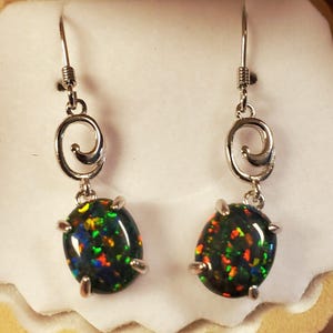 Black Opal Swirl Earrings, See Multicolored Fire On Video! 8x10mm Lab Created Opals, 925 Sterling Swirl Earrings, Wire Closure w/Shell Box