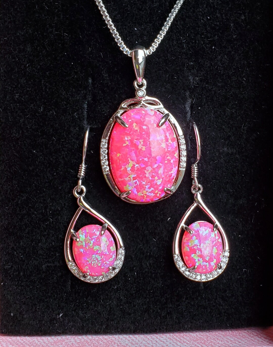 ★ROSEMONT★ Silver Pink Opal Earrings Necklace Set La Vie E Bright Pink Opal Set Necklace/earrings, See Video! 13x18mm