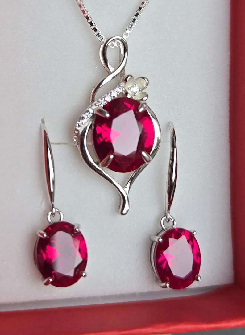 Deep Red Ruby Necklace/Earring Set, See Video! 10x12mm/8x10mm Lab Grown Gems, 925 Sterling Settings, 18" Chain, Choice Of Ear Wire Styles image 1