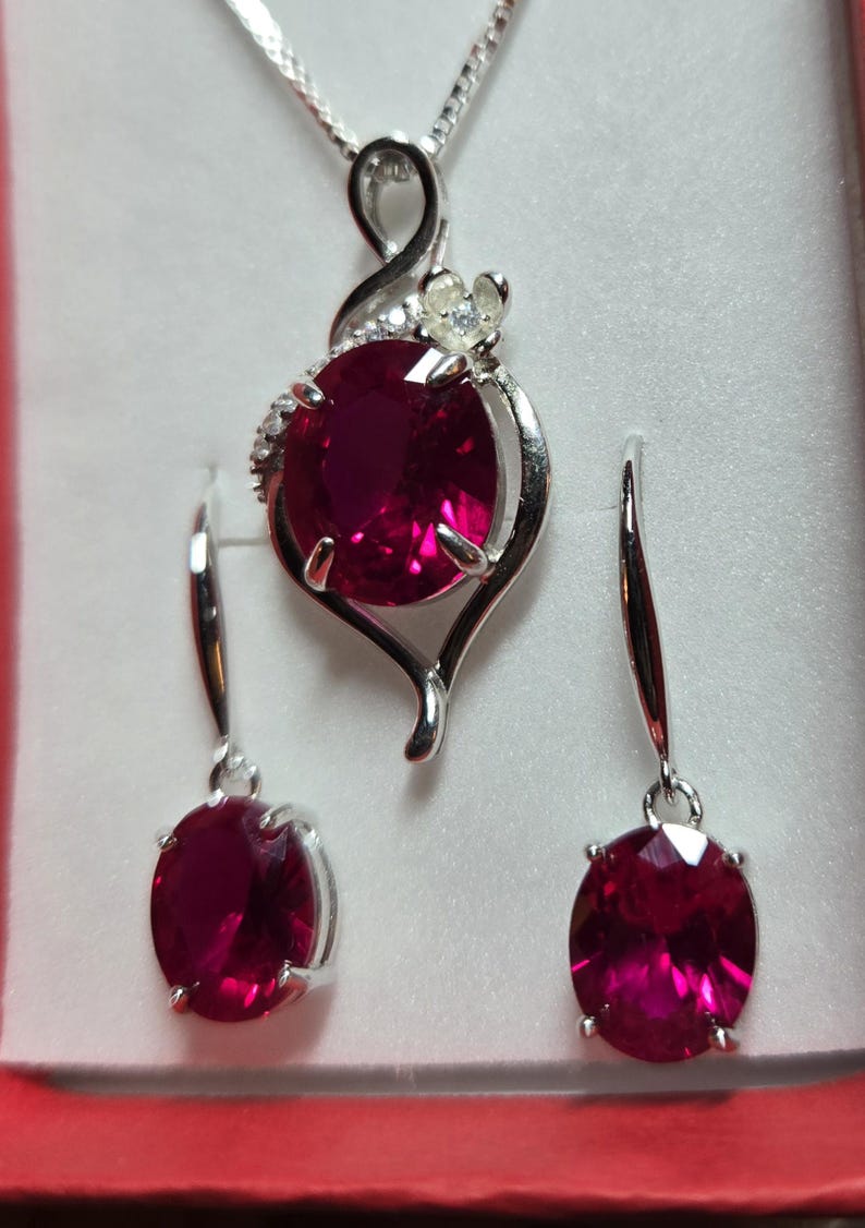 Deep Red Ruby Necklace/Earring Set, See Video! 10x12mm/8x10mm Lab Grown Gems, 925 Sterling Settings, 18" Chain, Choice Of Ear Wire Styles image 9
