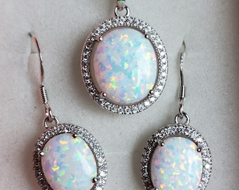 White Opal Earring/Necklace Set,See Fire On Video! 10x12/8x10mm Lab Created  Opals,925 Sterling w/CZ Halo w/ 18" Sterling Ch