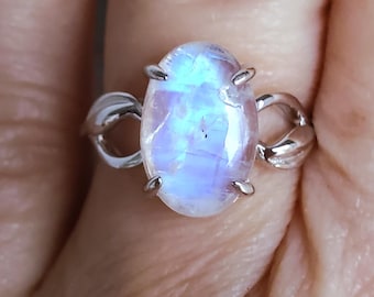 Natural Moonstone Ring, See Video For Blue Flash! 8x12mm Stone, 925 Sterling Silver Leaf Design Ring, Size 6. Gift Box Included