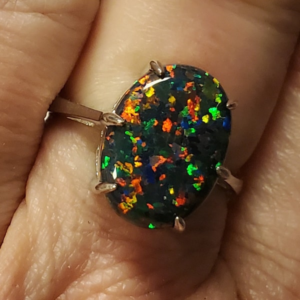 Black Fire Opal Ring, See Colorful Fire On Video! 10x14mm Lab Created Opal, 925 Sterling Statement Ring