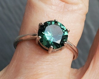 Alexandrite Color-Change Round Ring, See Colors On Video! 8mm 2.2 Ct Synthetic Gem, 925 Sterling 6 Prong Ring. Scroll To Details