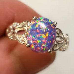 Lavender Purple Opal Ring, See Video For Colorful Fire! 8x10mm  Lab Created Opal, 925 Sterling Silver Victorian Filigree Ring