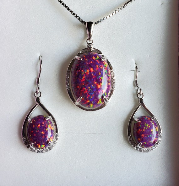 Dark Purple Opal Necklace/earring Set, See Colorful Fire on Video  13x18/8x10mm Lab Created Opals, 925 Sterling Settings W/czs, 18 Chain - Etsy