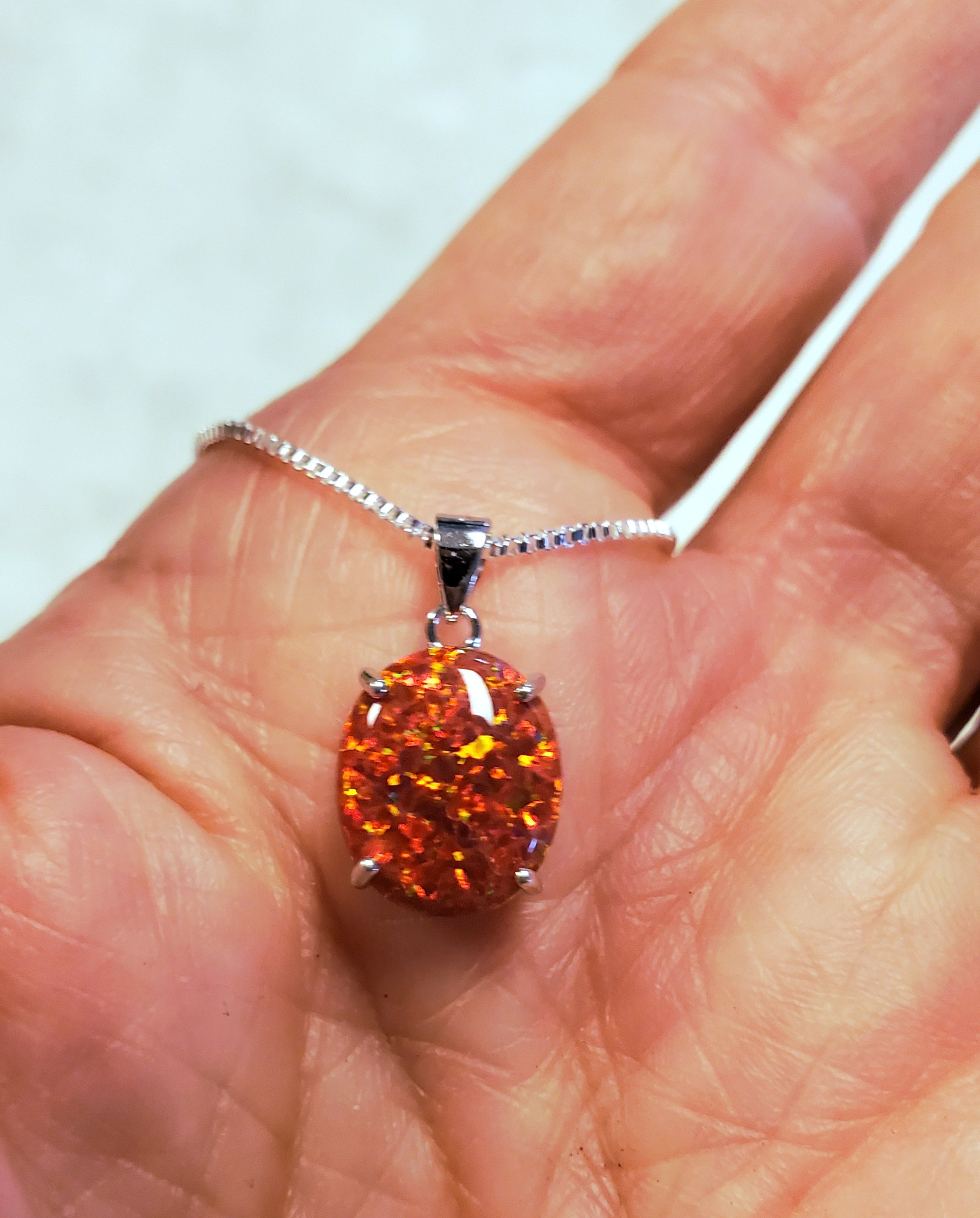 Red Fire Opal Necklace, See Video for Firey Flash! 10x12mm Lab