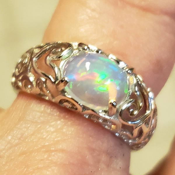 Natural Opal Ring, Colorful, See Video! 9x7mm Rainbow Opal, 925 Sterling Silver Filigree Ring, Size 6, 7 (other sizes possible, ask)