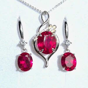 Deep Red Ruby Necklace/Earring Set, See Video! 10x12mm/8x10mm Lab Grown Gems, 925 Sterling Settings, 18" Chain, Choice Of Ear Wire Styles image 3