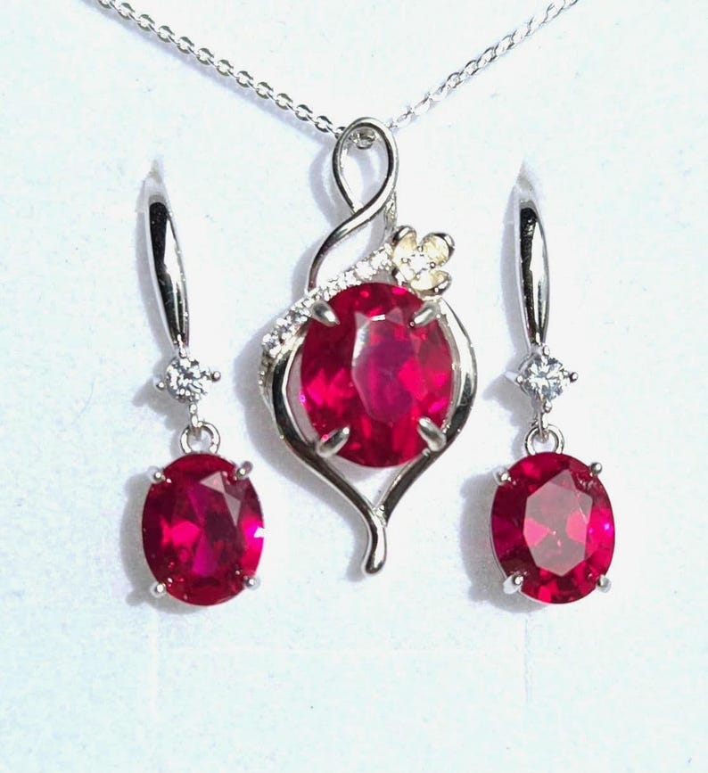 Deep Red Ruby Necklace/Earring Set, See Video! 10x12mm/8x10mm Lab Grown Gems, 925 Sterling Settings, 18" Chain, Choice Of Ear Wire Styles image 3