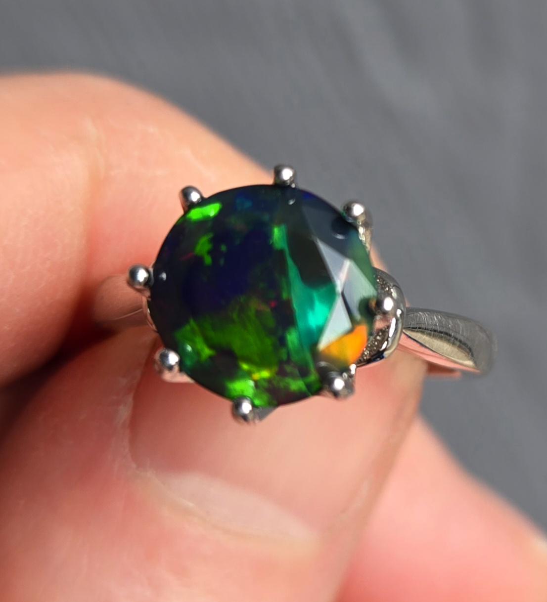Real Black Opal Ring, 2 Ct 10mm Round Faceted Ethiopian Opal. See Video ...