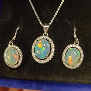 Natural Opal Set,Halo Necklace/Earrings, See Pretty Fire On Video! 8x10m/9x7mm Ethiopian Opals,925 Sterling Crystal Halo Settings, 18" Chain