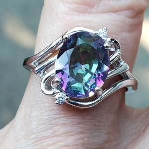 Genuine Mystic Topaz Ring, See Rainbow Flash On Video! 8x10mm Topaz, 925 Sterling Silver Artistic Ring w/2 CZ Accent Gems