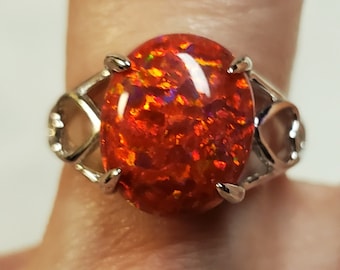 Red Opal Heart Ring, See Fire On Video! 10x12mm Lab Created Opal, 925 Sterling Silver Heart Design Ring, Size 6