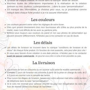 May include: A white informational document with black text titled Informations principales. It includes sections on creation details, color variations, production timelines, and shipping methods, featuring a faint floral line art background.