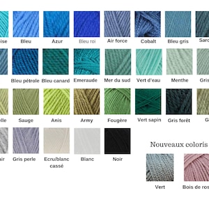 May include: A color chart displaying thirty-two distinct yarn skeins arranged in a grid, each labeled with its corresponding color name in French. The palette includes various shades of blue, green, gray, white, black, and pink, showcasing textures.