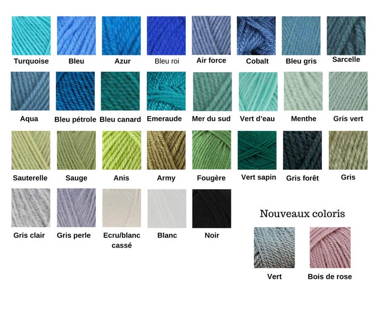 May include: A color chart displaying thirty-two distinct yarn skeins arranged in a grid, each labeled with its corresponding color name in French. The palette includes various shades of blue, green, gray, white, black, and pink, showcasing textures.