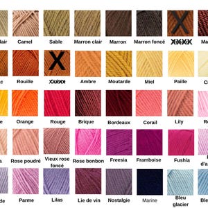 May include: A color chart featuring forty-two yarn samples arranged in a grid, each labeled with its corresponding color name in French. The palette includes various shades of beige, brown, orange, yellow, red, pink, purple, and blue.