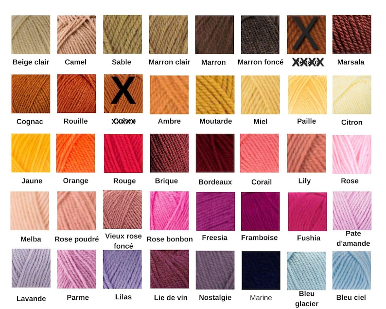 May include: A color chart featuring forty-two yarn samples arranged in a grid, each labeled with its corresponding color name in French. The palette includes various shades of beige, brown, orange, yellow, red, pink, purple, and blue.