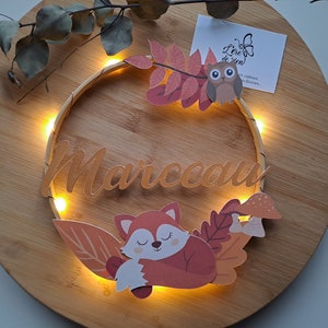 Luce notturna personalizzata con nome volpe - nome personalizzato - cerchio in legno - decorazione per camera da letto - regalo di nascita