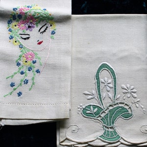 Vintage Linen Towels of Vase with Flowers and Face with Flowers Art Deco