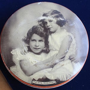 Queen Elizabeth II and Princess Margaret c.1940s Shipley York Halifax England Riley&#39;s Toffee Tin