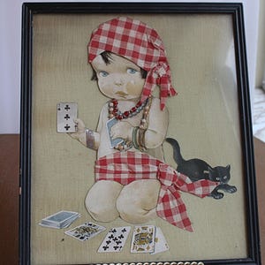 Vintage Band Puppe gerahmtes Bild von Mädchen und schwarze Katze