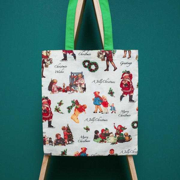 Totebag à motifs de Noël taille standard en tissu surcyclé