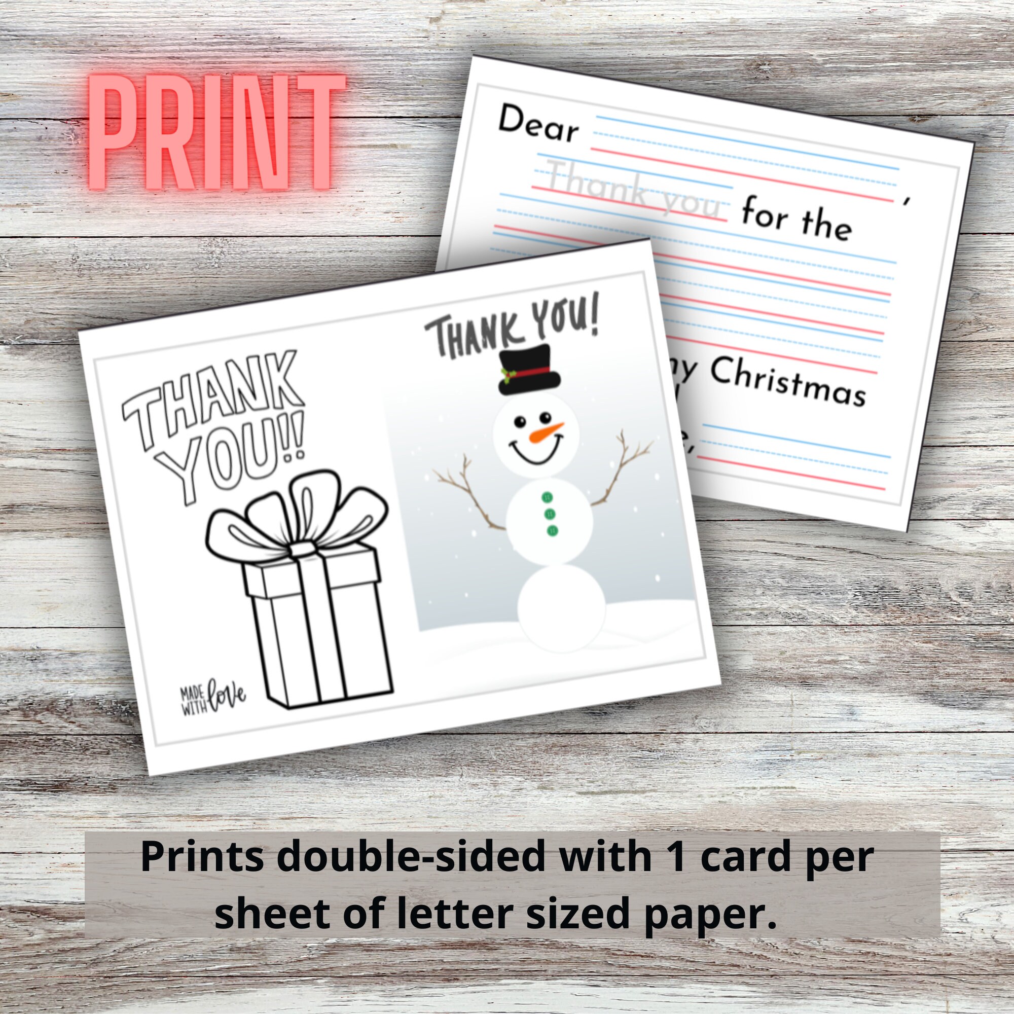 Snowman Christmas Presents Thank You Cards for Kids Printable, Teacher ...