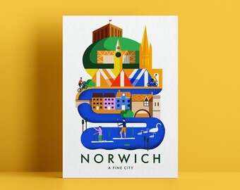 Norwich, Norfolk Giclée Print, Norwich City, England UK, City Print, Medieval Castle, Norwich Landmarks, Cathedral, Norwich Gift, Kids decor