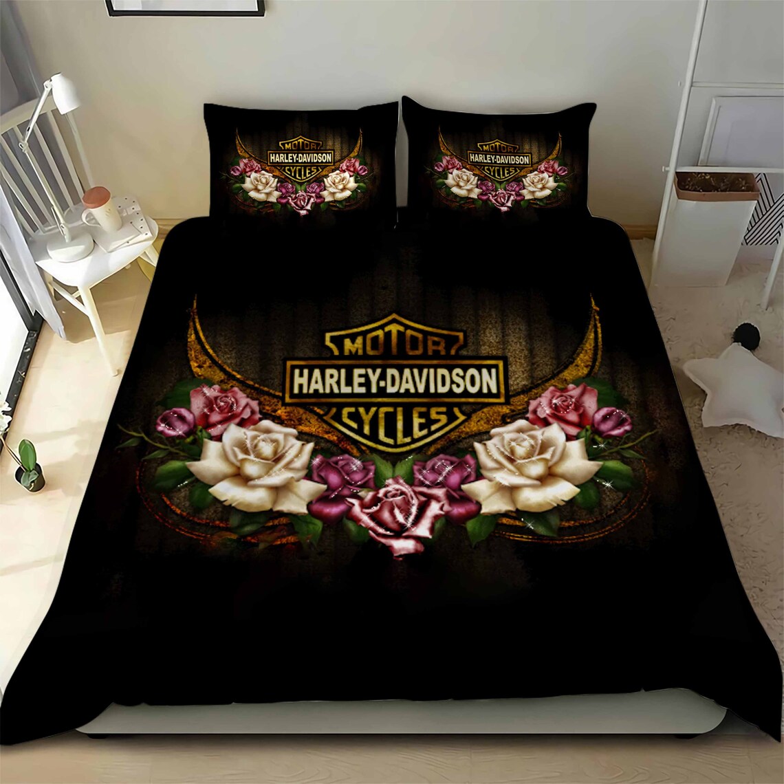 Harley Davidson Flower Bedding Set Vintage Motorcycles Etsy
