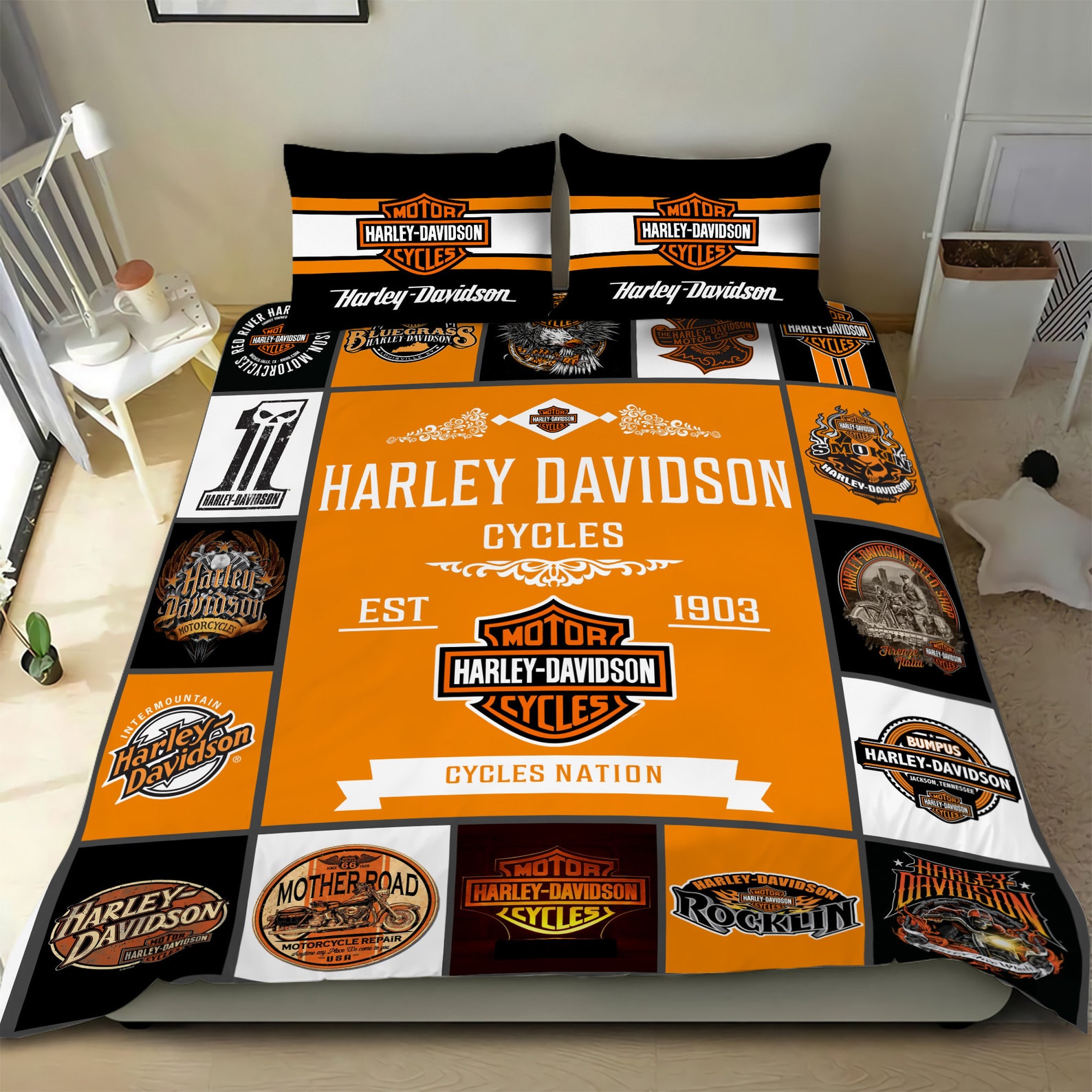 Harley Davidson Motorcycle Bedding Set Black Motorcycles Etsy