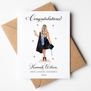 May include: A graduation card with a drawing of a graduate in a black dress and cap, holding a diploma. The card reads "Congratulations!" and includes the graduate's name, university, and year. The card is placed on a brown envelope.