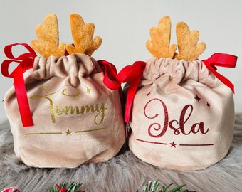Personalised Christmas Treat Bag, Reindeer Pouch, Christmas Gift Bag, Small Reindeer Bag, Stocking Filler, Christmas Eve Box